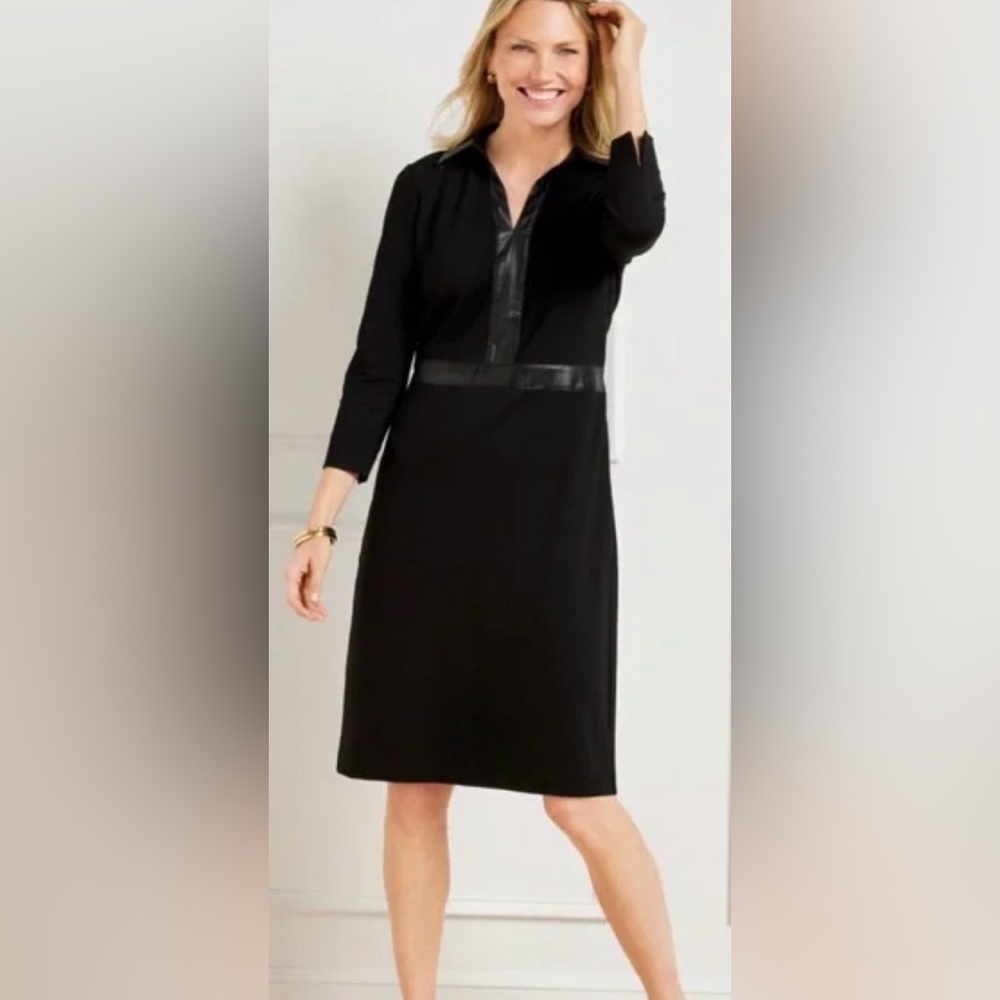 NWT Talbots women’s faux leather trim black ponte dress collar size 10 $134